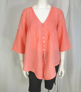 Soft Surroundings sz PS Coral Pink Linen Button Front Pintuck Shirt Tunic - Picture 1 of 9