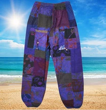 Women Patchwork Pant, funky Hippy Purple Printed Soft Cotton Trouser Pants S/M/L