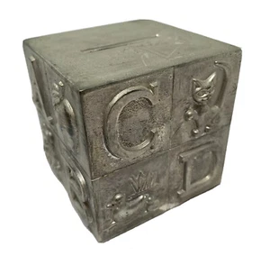 Scatola panca maiale placcata in argento cubo 3" ABC orso mela gatto anatra elefante - Foto 1 di 9