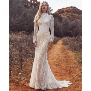Mermaid Boho Beach Wedding Dresses Lace High Neck Floral Print Long Sleeves - Picture 1 of 10