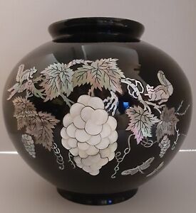 Vintage Black Lacquer Vase Inlaid Mother of Pearl ~ Asian Vase Made in Korea