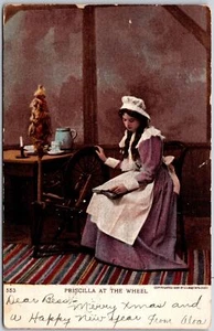 1906 Priscilla At The Wheel Beautiful Lady Posted Postcard - Picture 1 of 2