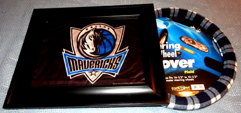 Framed Dallas Mavericks Flag & Matching Steering Wheel Cover NOS Cover