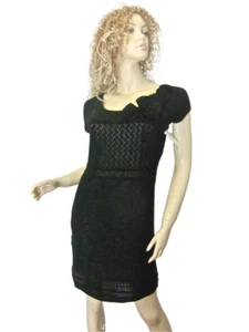 NWT $128 Chetta B Black Knit Dress MEDIUM Scoop Neckline Cap Slv Cocktail Gown - Bild 1 von 12