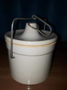 Stoneware butter crock, gray w/wire bail & lid, medium sized - Picture 1 of 7