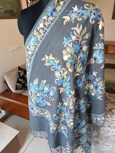 GREY ALL OVER CREWEL HERITAGE KASHMIRI EMBROIDERY~100% CASHMERE PASHMINA SHAWL - Picture 1 of 9