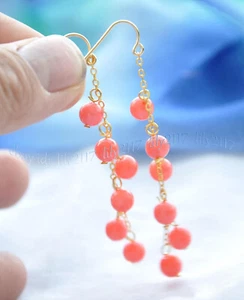 Natural Pink Coral Round Gemstone Beads Dangle Gold Hook Earrings 4/6/8/10mm - Picture 1 of 10
