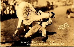 RPPC Cowboy Steer Bulldogging Pendleton Roundup Wilcox Real Photo Postcard - Picture 1 of 2