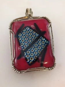 DICHROIC Glass Cabochon Silver Wire Wrap Glass Rectangle Red Silver Black Pendle - Picture 1 of 12