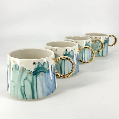 Anthropologie Night Sky Mugs Teacups Blue Teal Drip Gold Watercolor Set Of 4 - Image 1 of 4