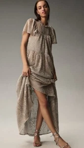 By Anthropologie Short-Sleeve Mock-Neck Metallic Maxi Dress Size L Gold Shimmer - Picture 1 of 7