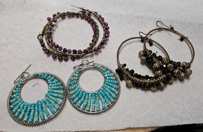 3 Pairs Of Large Hoop Earrings, Purple,black/Cooper& Turquoise  - Image 1 of 4
