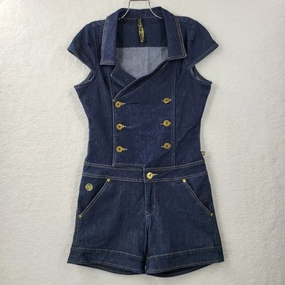 MECCA FEMME Mujer M/L (9/10) Y2K Lavado Oscuro Denim Mameluco Pantalones Cortos Botones Dorados Foto 1 de 4
