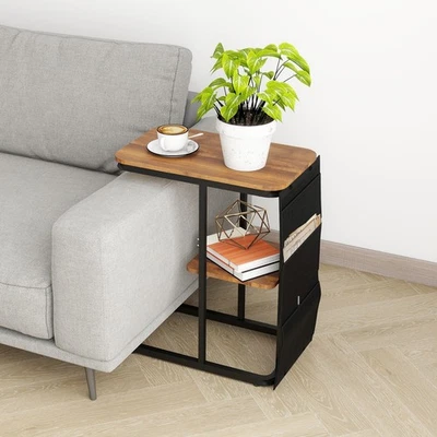 Bedside Table Sofa Side Coffee Table 2 Tier Shelves LED Light with Side Pocket - Image 1 of 4