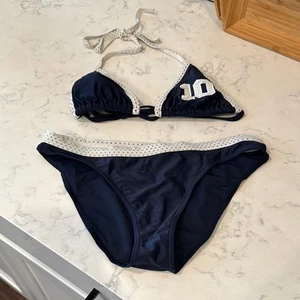 Navy blue white bikini set summer vacation beach pool bottoms size L top size S - Picture 1 of 4
