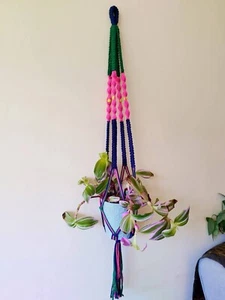 Handmade Macrame Plant Hanger Green, Pink And Blue - Picture 1 of 4