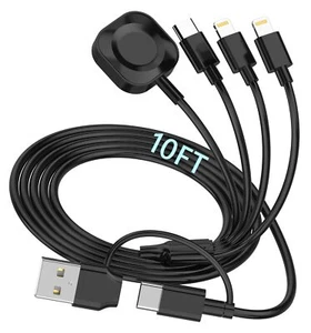 Câble de charge multiple 6 en 1 pour chargeur Apple Watch, charge rapide USB 10 pieds... - Photo 1 sur 7