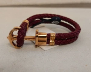 * Paul Hewitt Phrep Anker Armband Leder Bordeaux Edelstahl Goldfarben 17,5cm NEU - Bild 1 von 3