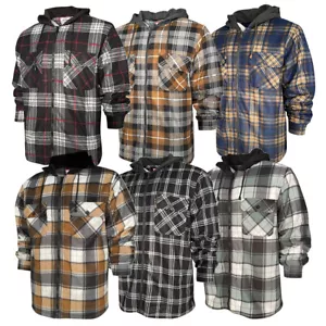Men's Plaid Flannel Hoodie Heavy Full Zip Up Long Sleeve Warm Hooded Jacket - Picture 1 of 56