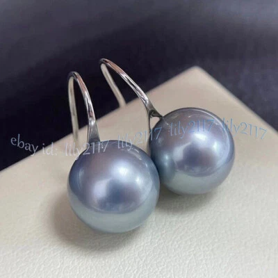 Perfect Round AAA Gray Akoya Real Natural Pearl Dangle Silver Hook Earrings - Image 1 of 4