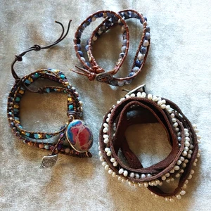 Lot of 3 Beaded Wrap Bracelets Beaded Leather Freshwater Pearls Stones Sodalite - Picture 1 of 9