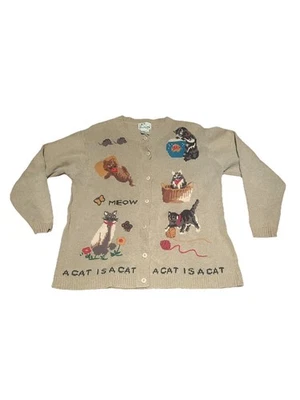 Vintage Quacker Factory A Cat Is A Cat Tan Button Knit Cardigan Size Large - Image 1 of 4