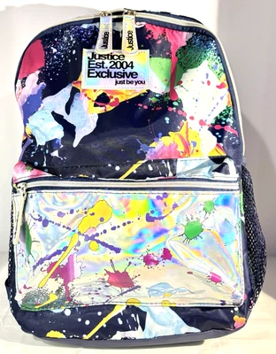 Justice Girls 17" Laptop Backpack Iridescent Blue Multi-Color Splatter Design - Image 1 of 4