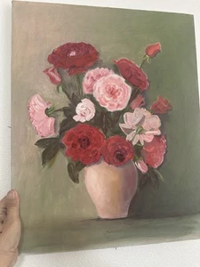Vintage Original Ölgemälde auf Leinwand rot rosa langer Stiel Rosen in Vase signiert - Bild 1 von 11
