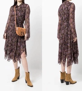 Polo Ralph Lauren abito 6 nero viola floreale manica lunga orlo a fazzoletto boho - Foto 1 di 11