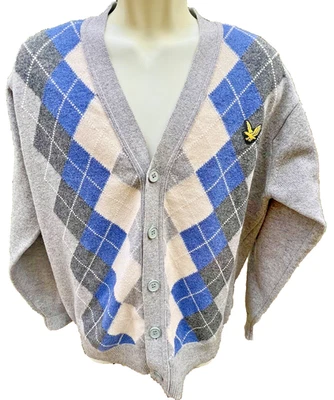 Свитер для гольфа винтажный Lyle & Scott Argyle вязаный на пуговицах серый синий 100% новозеландская шерсть большой размер - Изображение 1 из 4