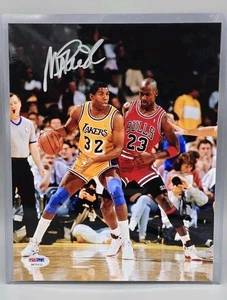 Magic Johnson Plata Firmado Automáticamente 8x10 Michael Jordan PSA Automático COMO NUEVO Bulls Lakers - Imagen 1 de 3