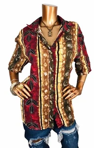 Kathie Lee 8 or L Top Multi Print Button Up Shirt Short Sl Collar Blouse Vintage - Picture 1 of 8