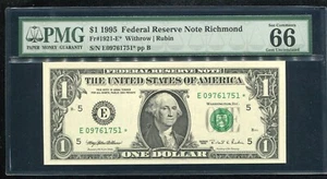 FR.1921-E* 1995 $1 ONE DOLLAR *STAR* FRN RICHMOND, VA PMG GEM UNCIRCULATED-66EPQ - Picture 1 of 2
