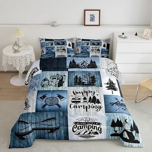 Happy Camping Comforter Set,Lake Boat Pine Tree Pattern Bedding Set 3Pcs,Vint... - Picture 1 of 8