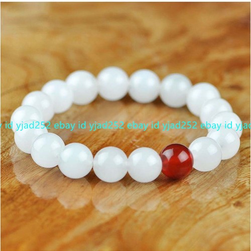 VALENTINO Bracciale Elastico Moda 10mm Giada Bianca & Agata Rossa Pietra Preziosa Perline 7 5'