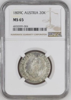 Austria 20 Kreuzer 1809C NGC MS65 UNC Silver Prague Mint NGC Population 4/0 - Image 1 of 4