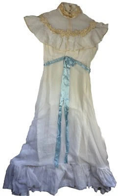 Vintage Off White Cream Dress Blue Satin Bow Ruffle Maxi Prairie Formal - Image 1 of 4