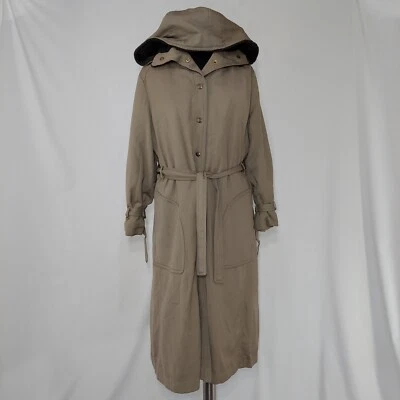 Smug Vtg Trench Coat Women Medium Beige Belt Faux Fur Hood Snap Pocket 70s Mod - Image 1 of 4