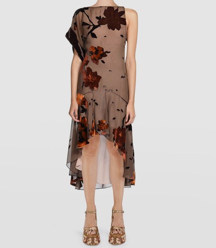 Abito floreale asimmetrico Dsquared2 da donna marrone alto orlo basso $3465 taglia 42