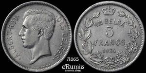 BÉLGICA, Alberto I, 5 francos 1934, Des Belges, raro, XF - Imagen 1 de 4