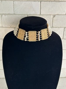 Collana Vintage Firmata Miriam Haskell 5 Fili Perle Tono Oro Girocollo Estate - Foto 1 di 24