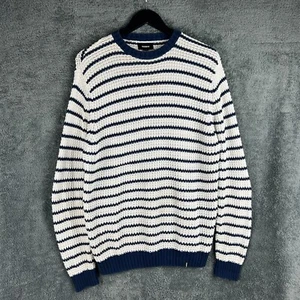 Finisterre Jumper Mens M White Navy Cotton Grid knit Oversized Stretch Striped - Picture 1 of 12
