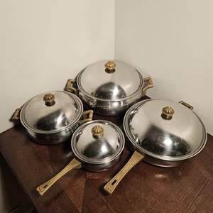 Juego alemán vintage de cocina continental de acero inoxidable y latón de mediados de siglo   - Imagen 1 de 17