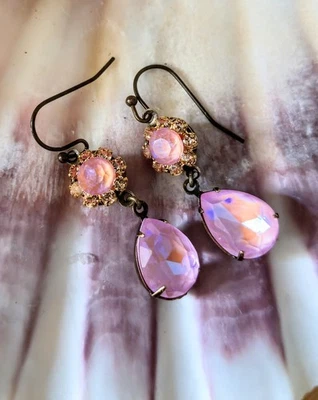 Victorian Bubblegum Pink Swarovski Elements Flower Crystals In Brass  Earrings - Image 1 of 4