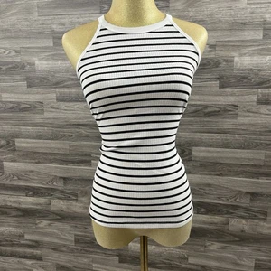 Emery Rose Ribbed Striped Halter Tank Top Women’s Size S White Black Stretch  - Picture 1 of 9