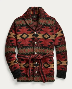 Cardigan RRL Ralph Lauren maglia a mano lana rosso ranch cintura lunga uomo grande L - Foto 1 di 4