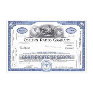 Collins Radio Co. Stock Certificate // 100 Shares // Blue // 1960s - Picture 1 of 2
