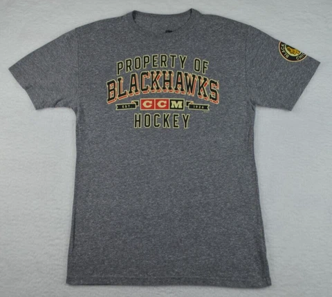 Chicago Blackhawks Shirt Mens Small Gray CCM Retro Style Logo NHL Hockey Fan Cover