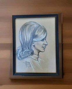 Vintage Chalk Portrait Drawing of Woman Signed Marjory Rellox 1967 MCM 17×13" - Picture 1 of 11