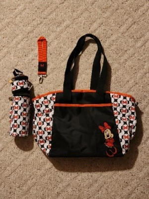 Minnie Mouse Diaper Bag W/Bottle & Pacifier Holder & Lanyard  Black/Red Bows   - Imagem 1 de 4